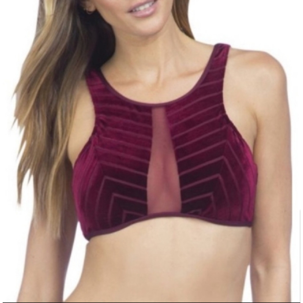 Kenneth Cole Women Small Top Velvet‎ Stripe Mesh High Neck Burgundy Red New